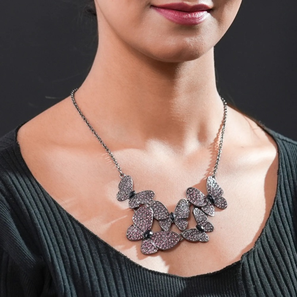 Reinstone pink butterfly necklace